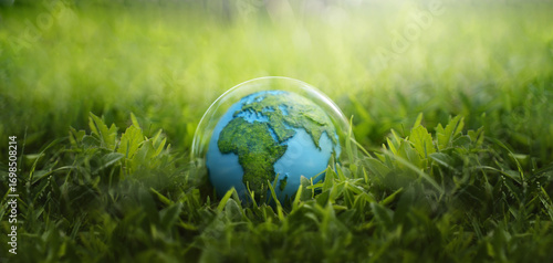 Protecting the green tree world with environment icons on nature background. Ecology and environment concept.