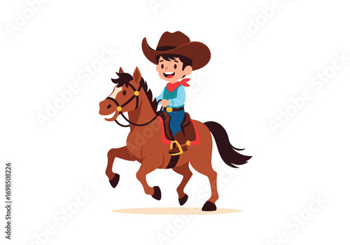 Happy young cowboy riding a brown horse on a white background