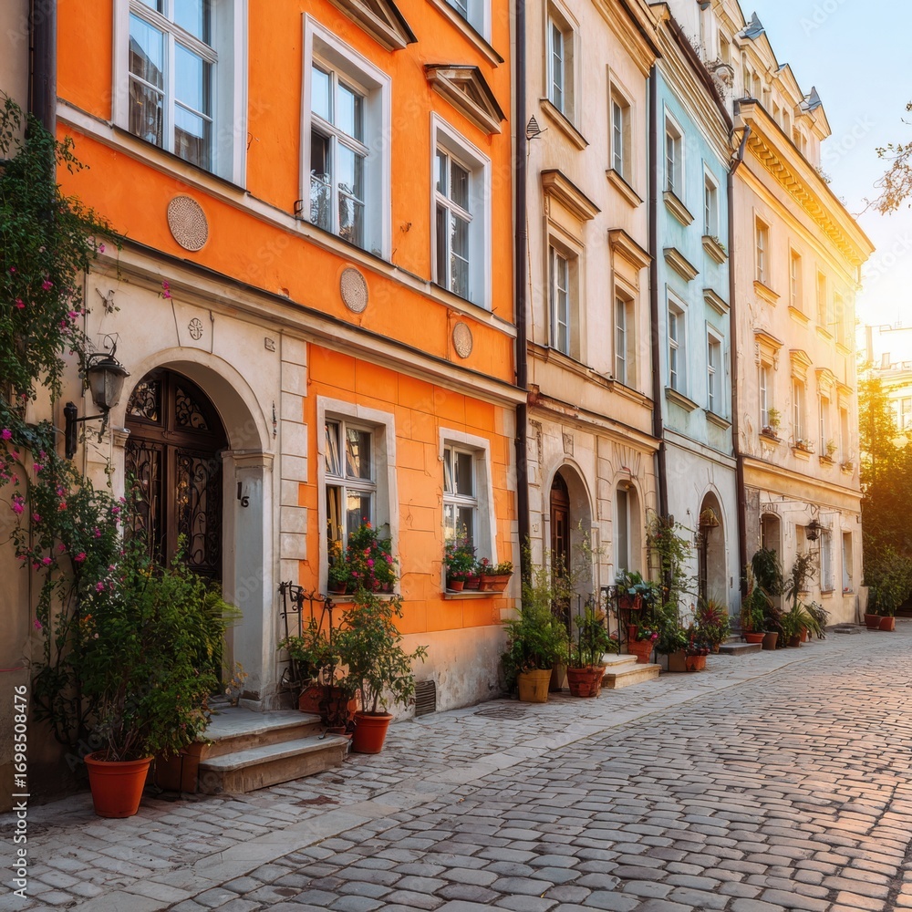 Fototapeta premium Colorful Row Houses on Cobblestone Street at Sunset