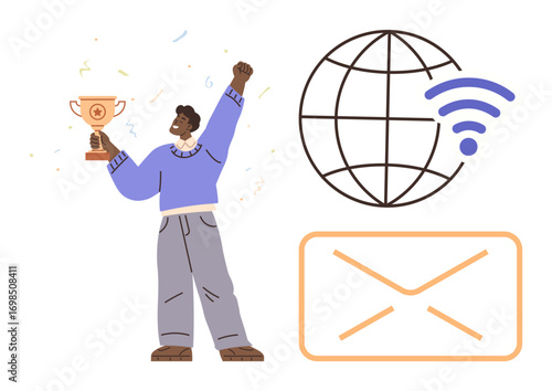 Excited person holding trophy with raised arm beside globe with wireless symbol and an envelope. Ideal for achievement, networking, global success, digital communication, teamwork, connectivity
