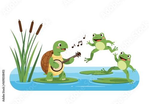 A cheerful turtle plays music for dancing frogs by the pond