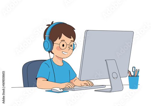 Young boy wearing headphones and glasses enjoys playing computer games indoors