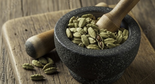 Close-up of Green Cardamom Pods in a Granite Mortar with a Wooden Pestle on a Rustic Wooden Board, Highlighting Aromatic Culinary Spices