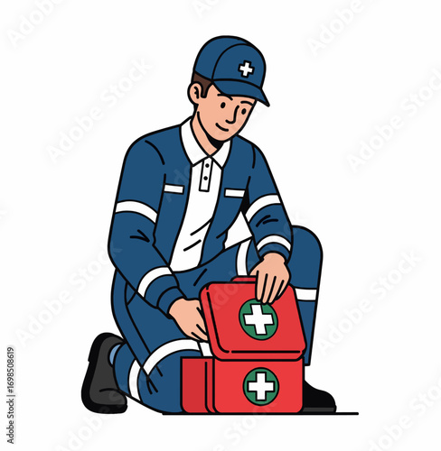 Paramedic Kneeling with First-Aid Kit — Vector