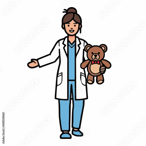 Pediatrician Comforting with Teddy — Vector