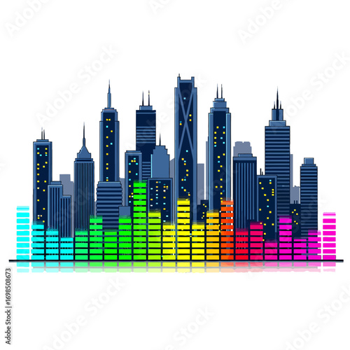 A vibrant cityscape is depicted with skyscrapers rising above a colorful equalizer bar, symbolizing the fusion of urban life and music.