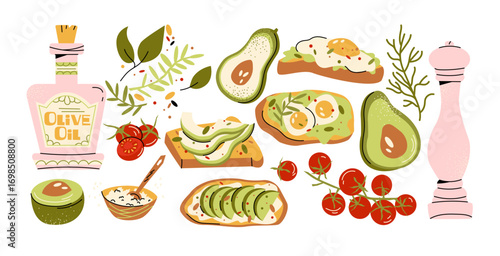 Avocado toast with vegetables in retro cartoon. Healthy breakfast set: eggs, cherry tomatoes, olive oil, herbs. Clean eating composition, illustration in funky, doodle style, trendy sticker set.