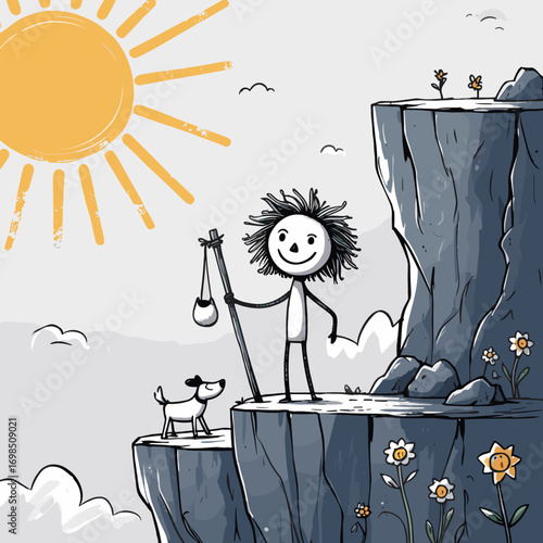 Stick figure child standing on cliff with dog under sunny sky. Major Arcana Tarot 0 Jester