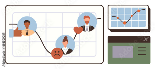 Graph with user journey, emotional indicators, thumbs up and dislike icons. Ideal for feedback tracking, customer analysis, user experience, emotional metrics, business trends, team strategy simple