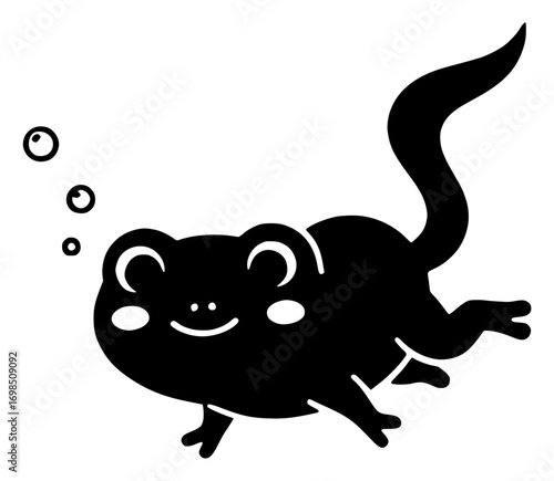 Cute cartoon tadpole silhouette swimming with bubbles