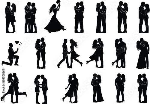 Romantic couples silhouettes in various poses, dancing, hugging, proposing, kissing, love moments, wedding celebration, affection, relationship, romance, black vector illustration on white background