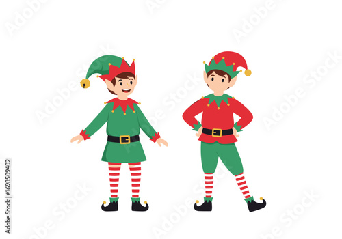 Two adorable elves dressed in festive christmas outfits