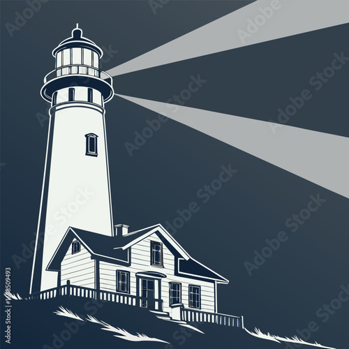 a lighthouse stands tall casting beams over calm waters