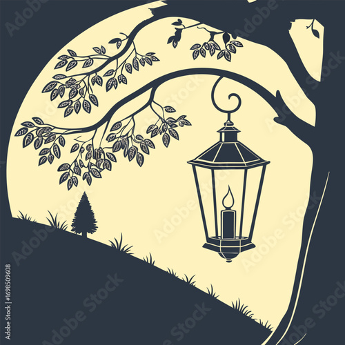 a lantern hangs from tree branch under moonlight