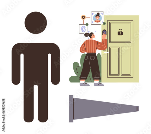 Person using facial recognition to open smart door with biometrics. Ideal for security, technology, privacy, innovative access, AI, smart devices, and automation. Modern simple flat metaphor