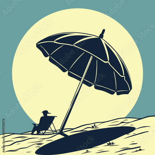 a serene beach scene with umbrella and chair under bright sun