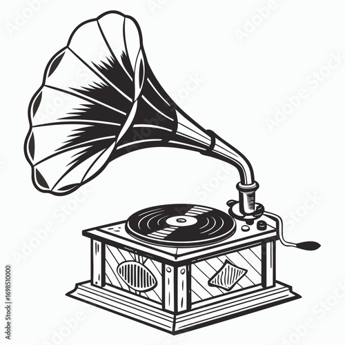 vintage gramophone with large horn and wooden base