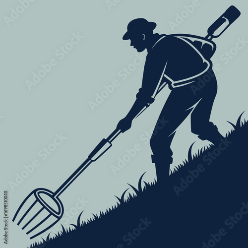 a farmer working diligently with tools in field
