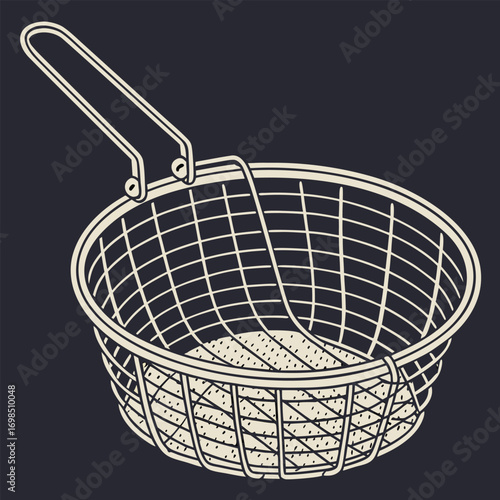 a wire basket filled with potatoes ready for frying