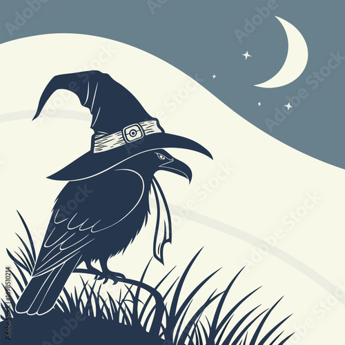 a crow wearing a witch hat under moonlight