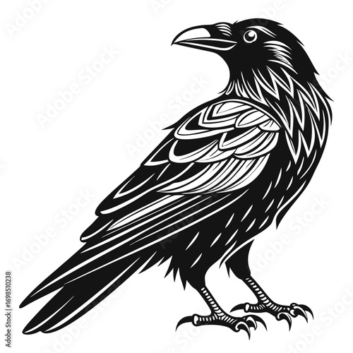 Stylized black raven bird illustration with tribal feather details