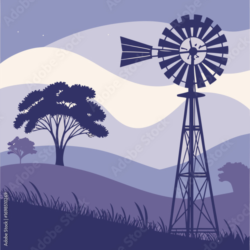 a serene countryside scene with windmill trees and distant hills