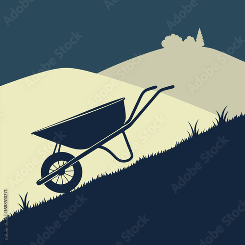 a wheelbarrow silhouette on grassy hill under night sky