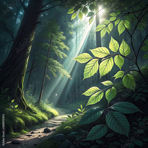 Wallpaper Mural Magical rays of sunlight shining through vibrant green foliage in dark woods, Ai Generated  Torontodigital.ca