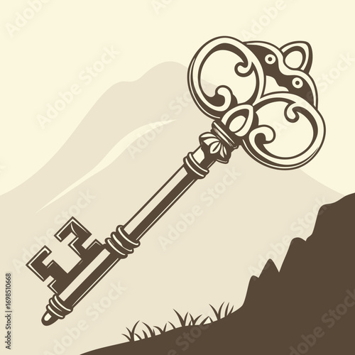 an ornate key resting on grassy hillside with distant mountains