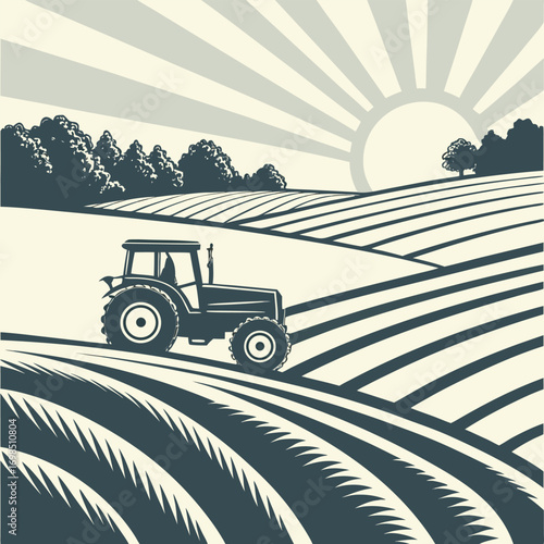 a tractor working fields under bright sun