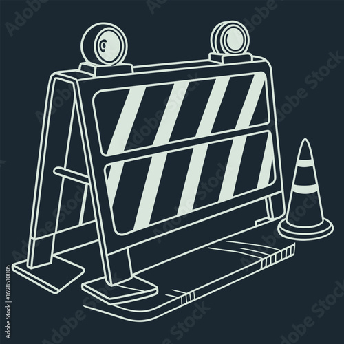 road barrier with lights and traffic cone nearby