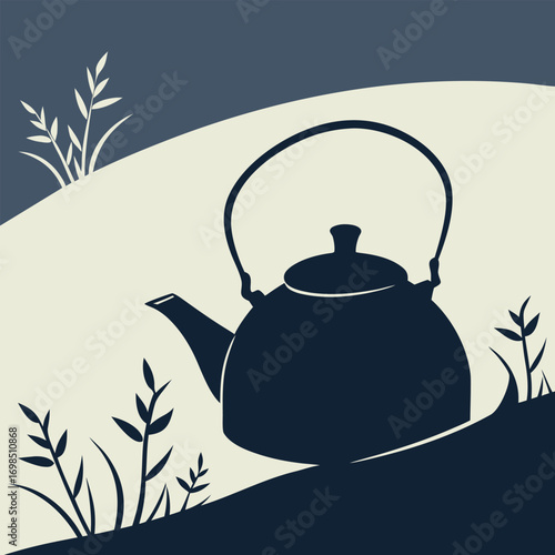 a serene kettle resting on hillside surrounded by gentle plants