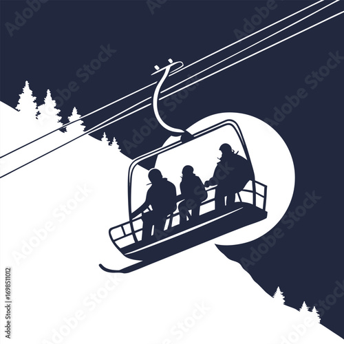 a ski lift silhouette against moonlit night sky with trees