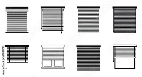 various styles of window blinds displayed in grid format