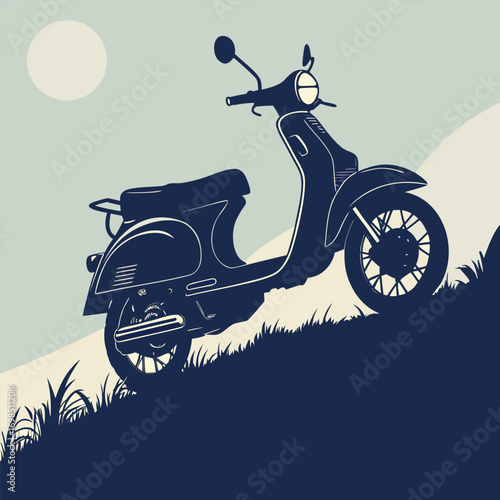 a scooter parked on grassy hill under moonlight