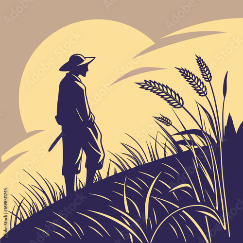 a farmer stands amidst tall crops under a bright sun