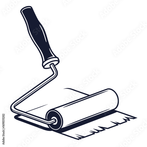 a paint roller with black handle resting on white surface