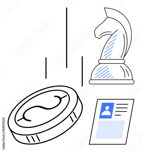 Chess knight, coin, and ID card symbolize strategic planning, financial decisions, and identity aspects. Ideal for business, investments, leadership, career planning personal growth identity