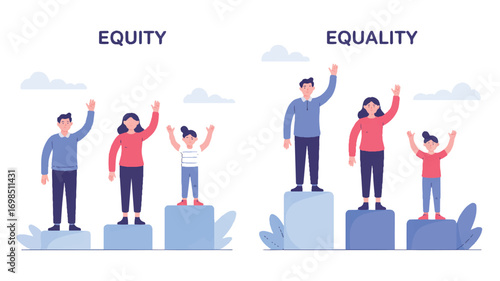 Vector art of equity vs equality illustration showing different height people on boxes