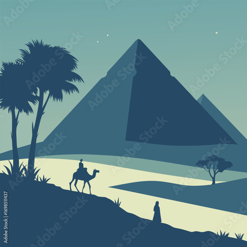 a lone traveler near pyramids under starry night sky