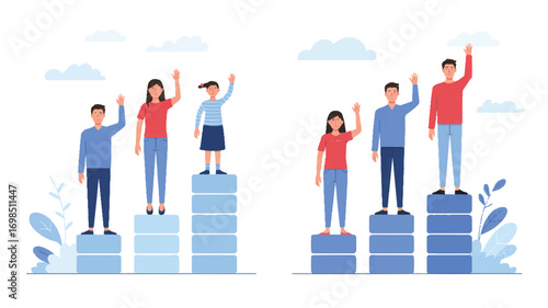 Vector art of people standing on podiums showing diversity and equality