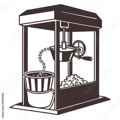 a popcorn machine dispensing fluffy white popcorn into a striped bucket
