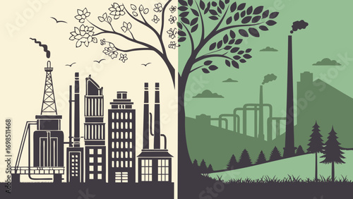 City Skyline Split Between Greenery and Machines – Vector Illustration of Nature vs Technology Contrast