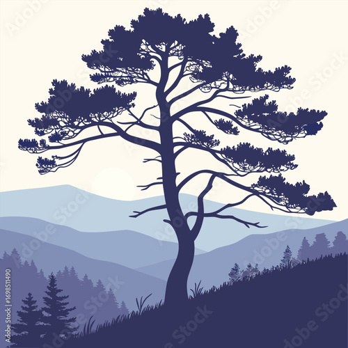 a lone pine tree stands tall against layered mountain silhouettes