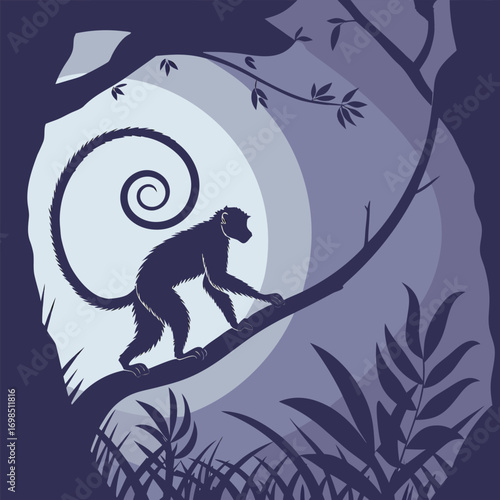 a monkey perches gracefully on tree branch under moonlight
