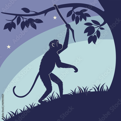 a monkey swinging from tree branch under starry night sky