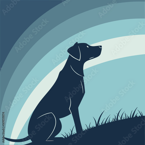 a black dog sitting on grass under colorful sky