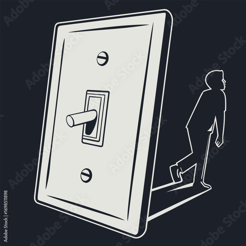 a person silhouette pushing large light switch illustration