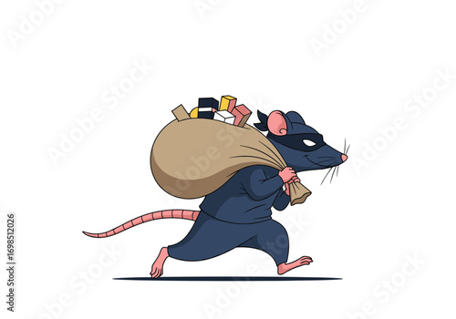 Cartoon thief rat running with a sack of loot and a small monkey companion on its back