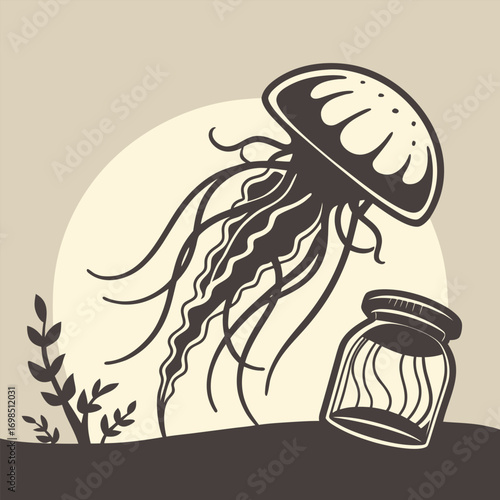 a jellyfish floats near a jar under moonlight